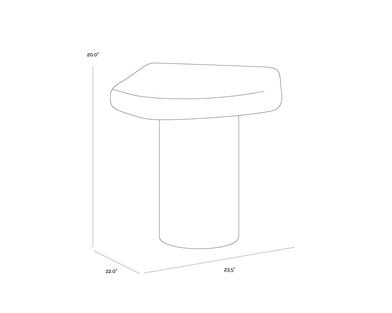 A wireframe image of the product with dimensions shown