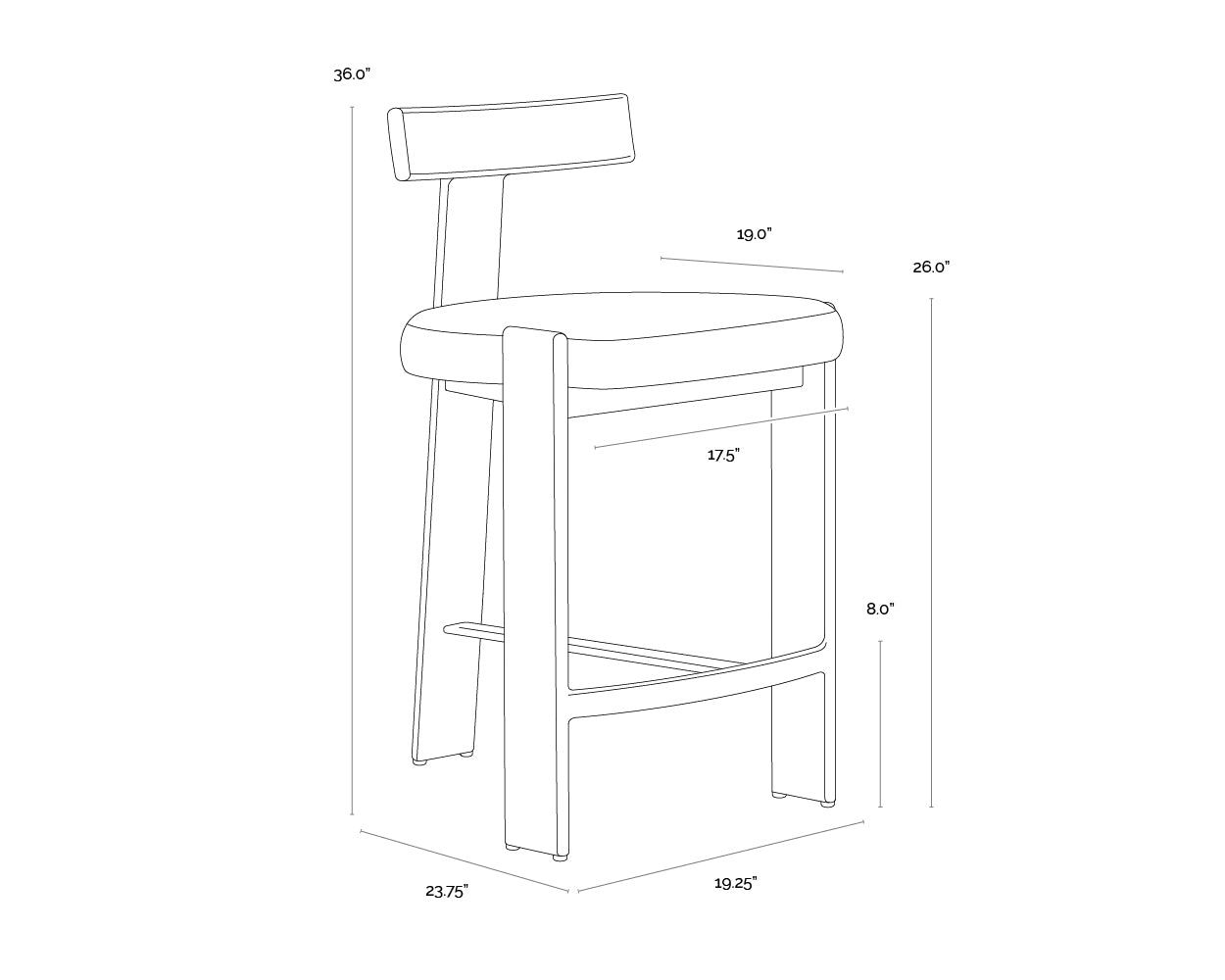 A wireframe image of the product with dimensions shown