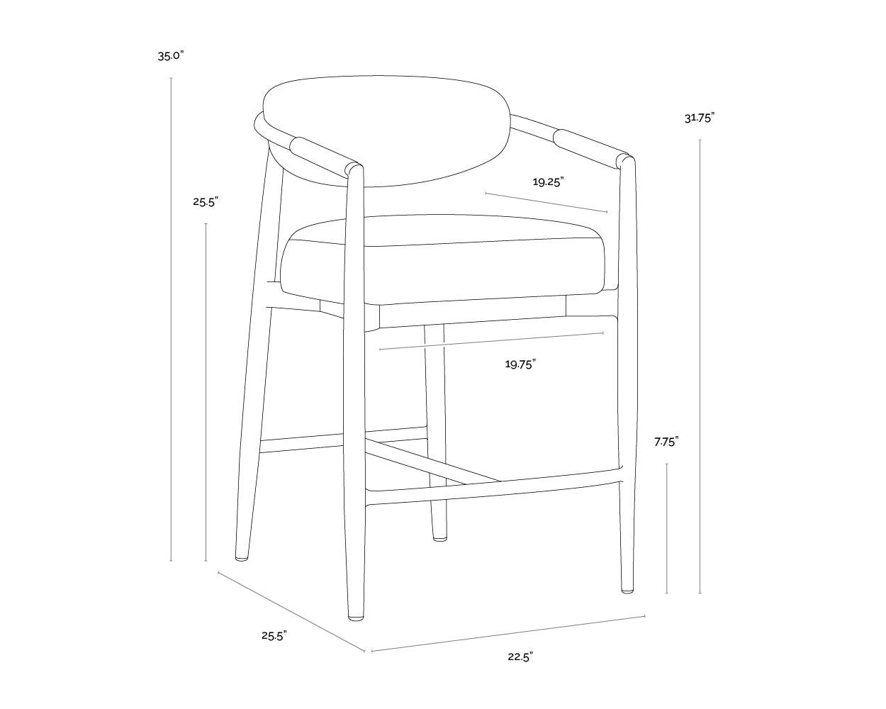 A wireframe image of the product with dimensions shown