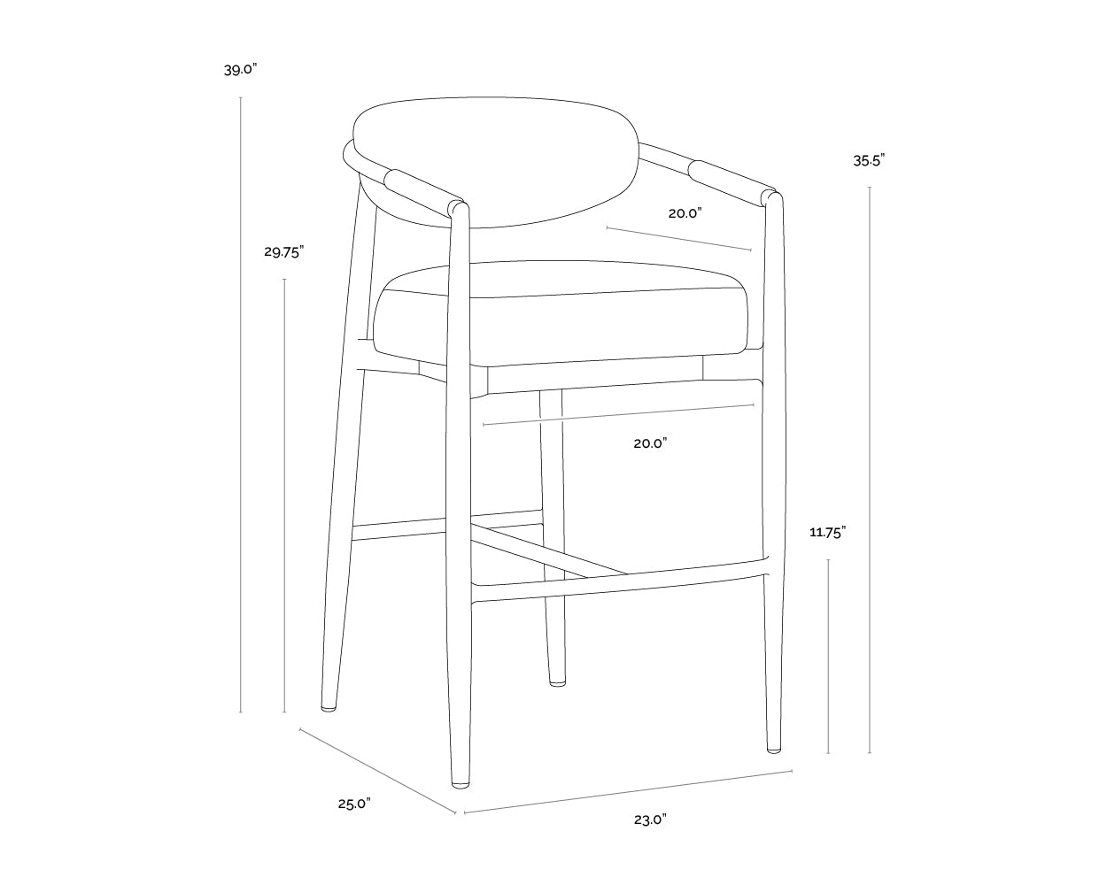 A wireframe image of the product with dimensions shown