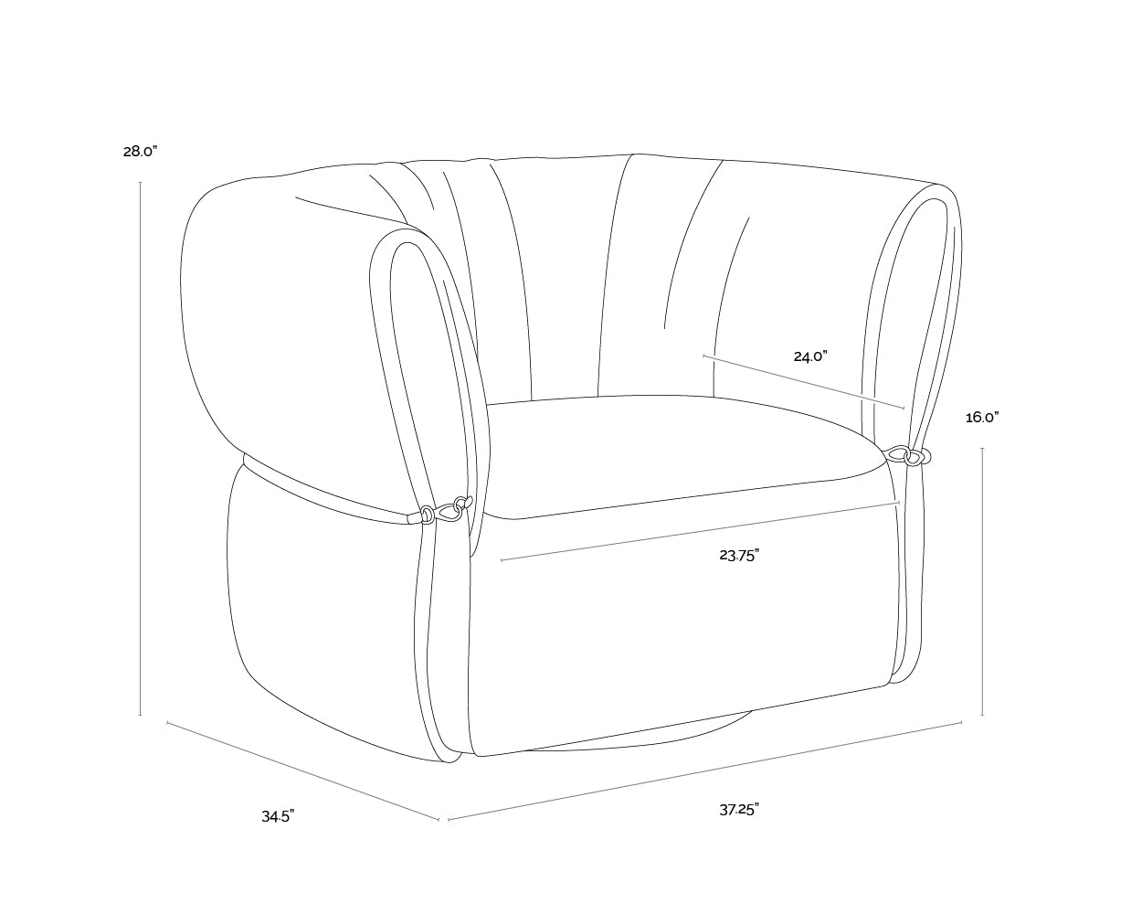 A wireframe image of the product with dimensions shown