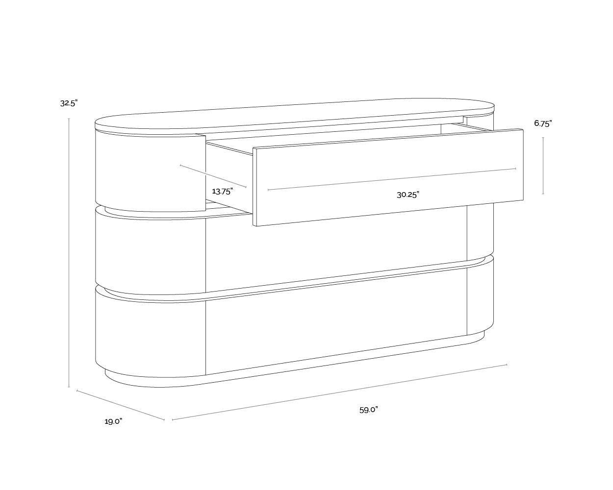 A wireframe image of the product with dimensions shown