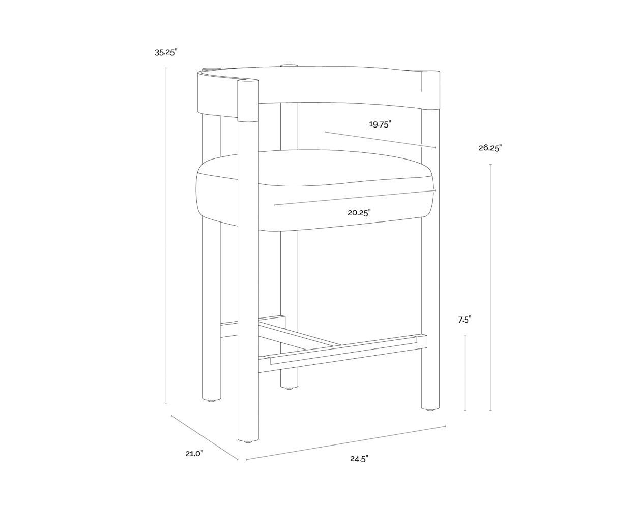 A wireframe image of the product with dimensions shown