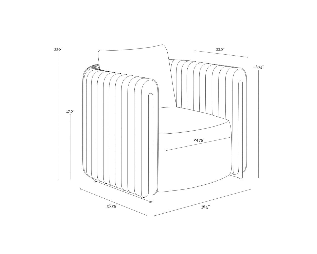 A wireframe image of the product with dimensions shown