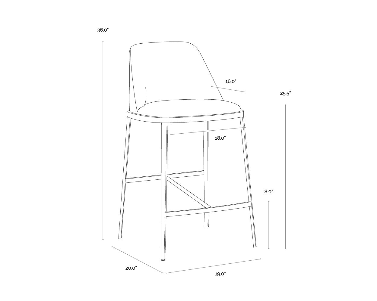 A wireframe image of the product with dimensions shown