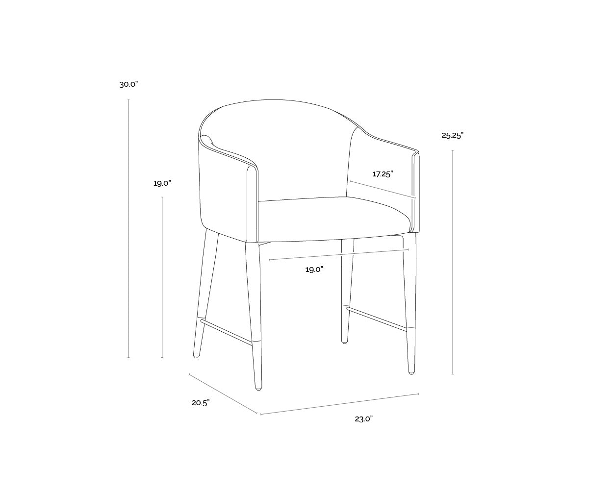 A wireframe image of the product with dimensions shown