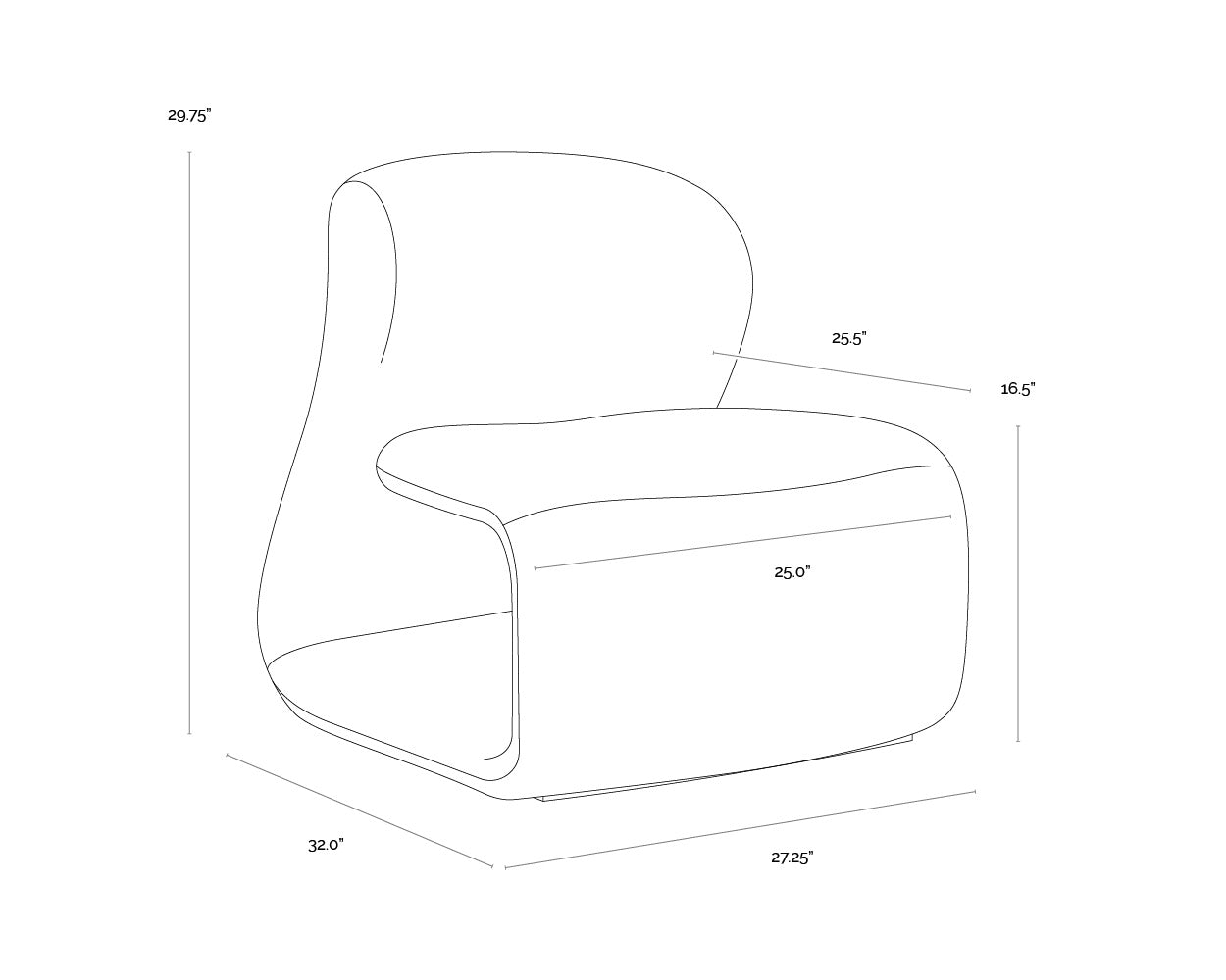 A wireframe image of the product with dimensions shown