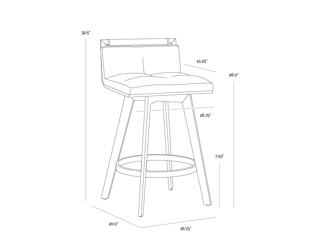 A wireframe image of the product with dimensions shown