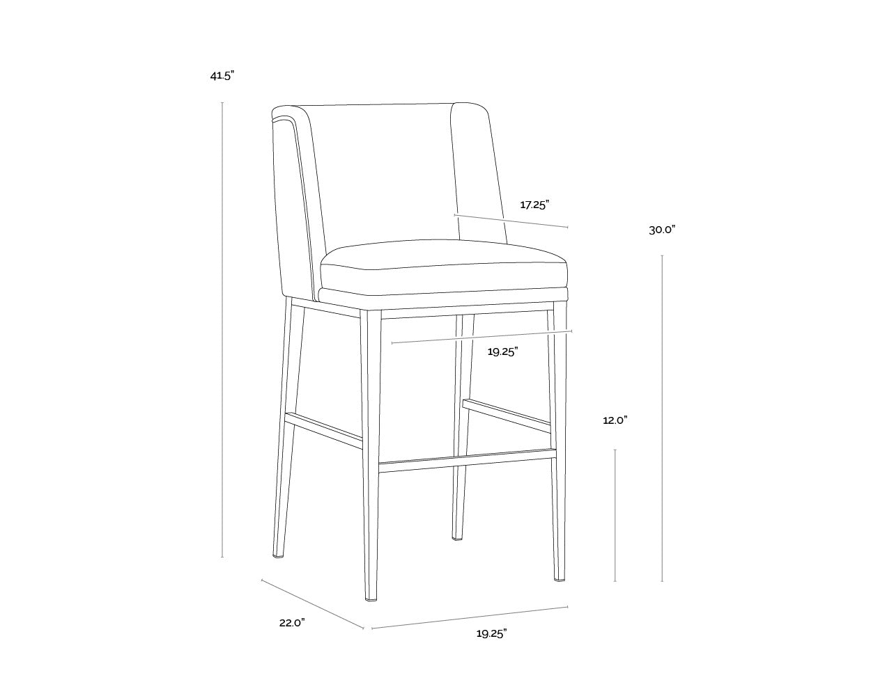 A wireframe image of the product with dimensions shown
