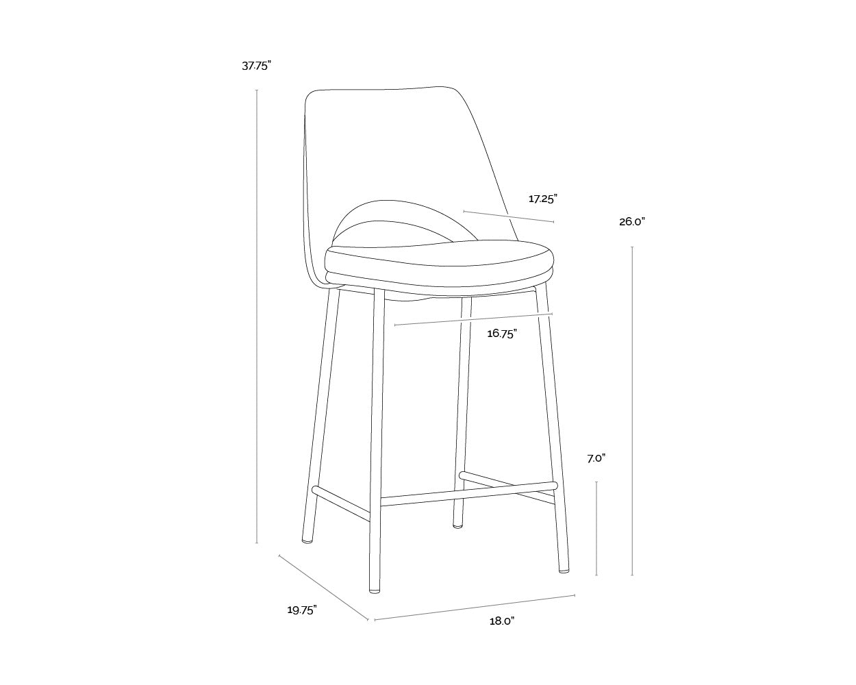 A wireframe image of the product with dimensions shown