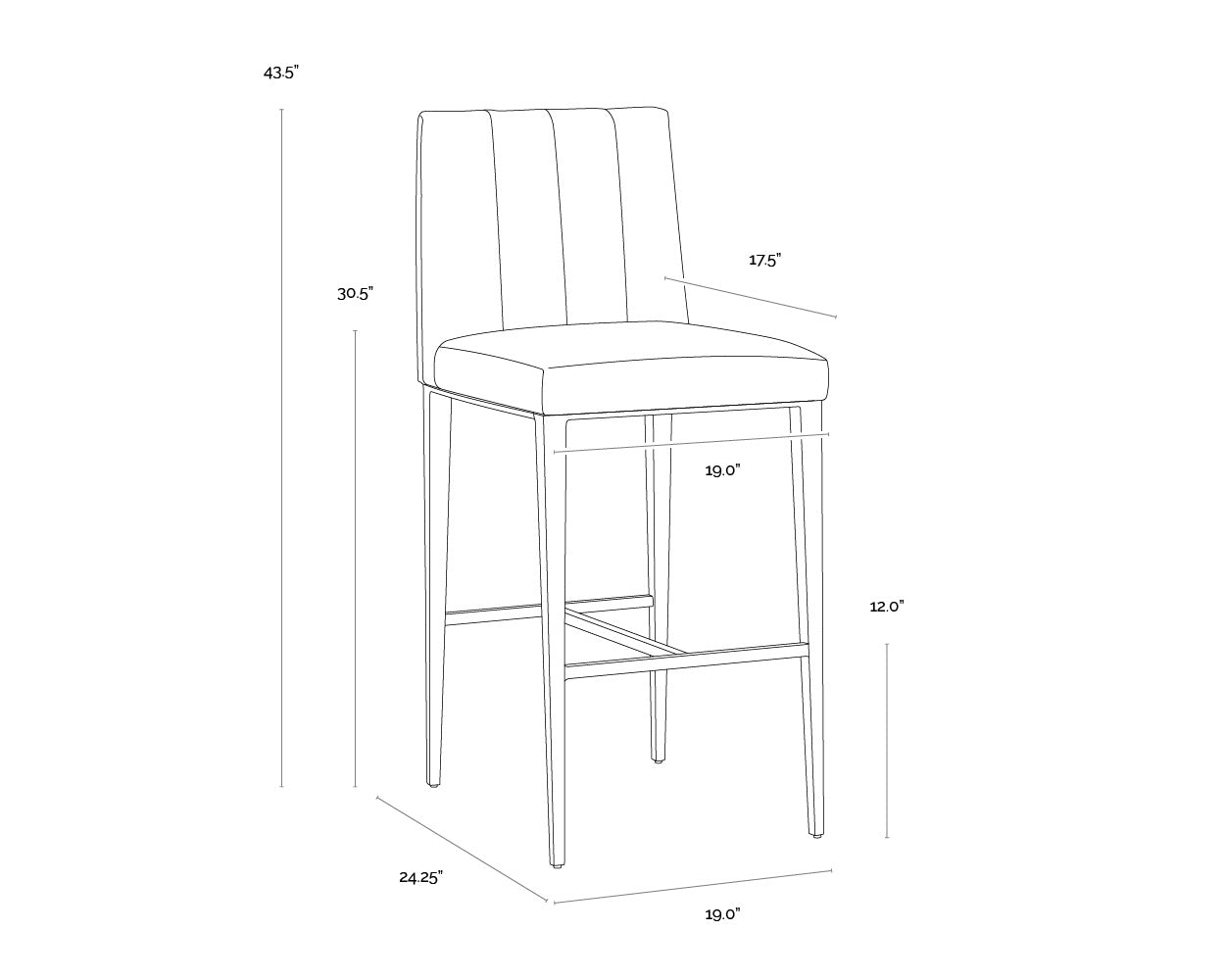 A wireframe image of the product with dimensions shown