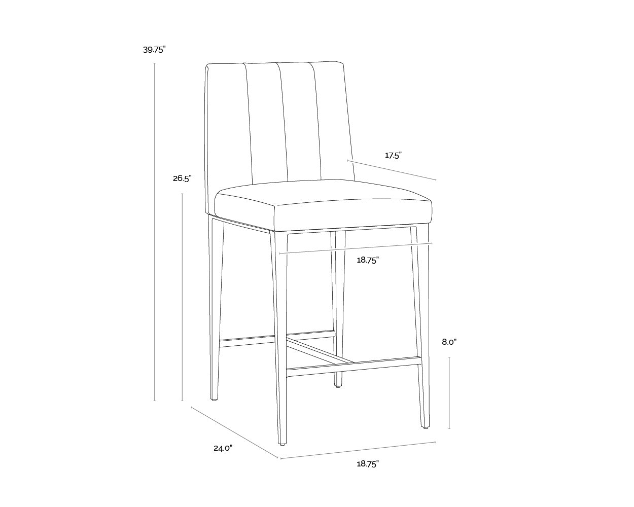 A wireframe image of the product with dimensions shown