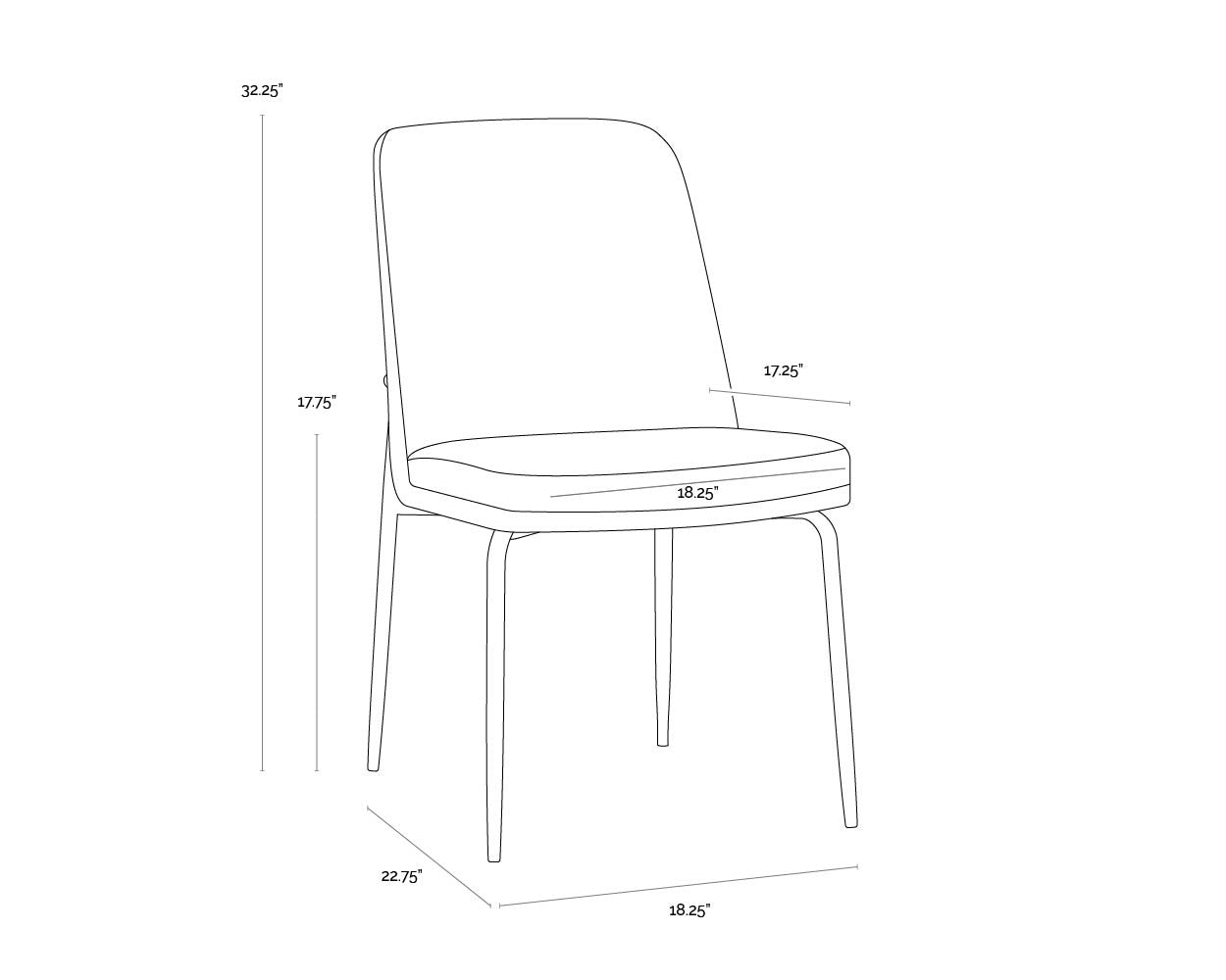 A wireframe image of the product with dimensions shown