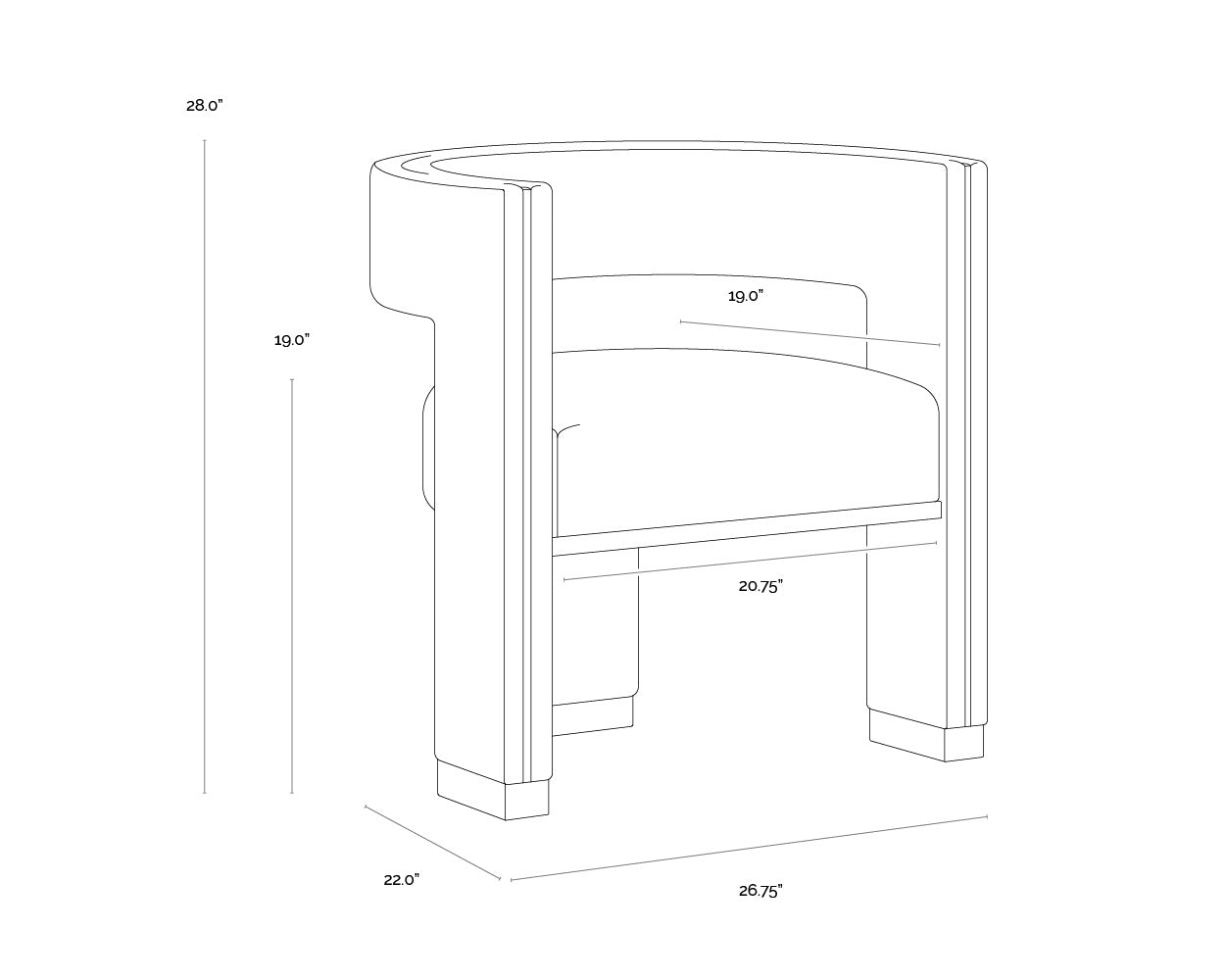 A wireframe image of the product with dimensions shown