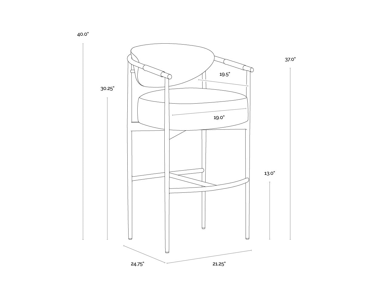 A wireframe image of the product with dimensions shown