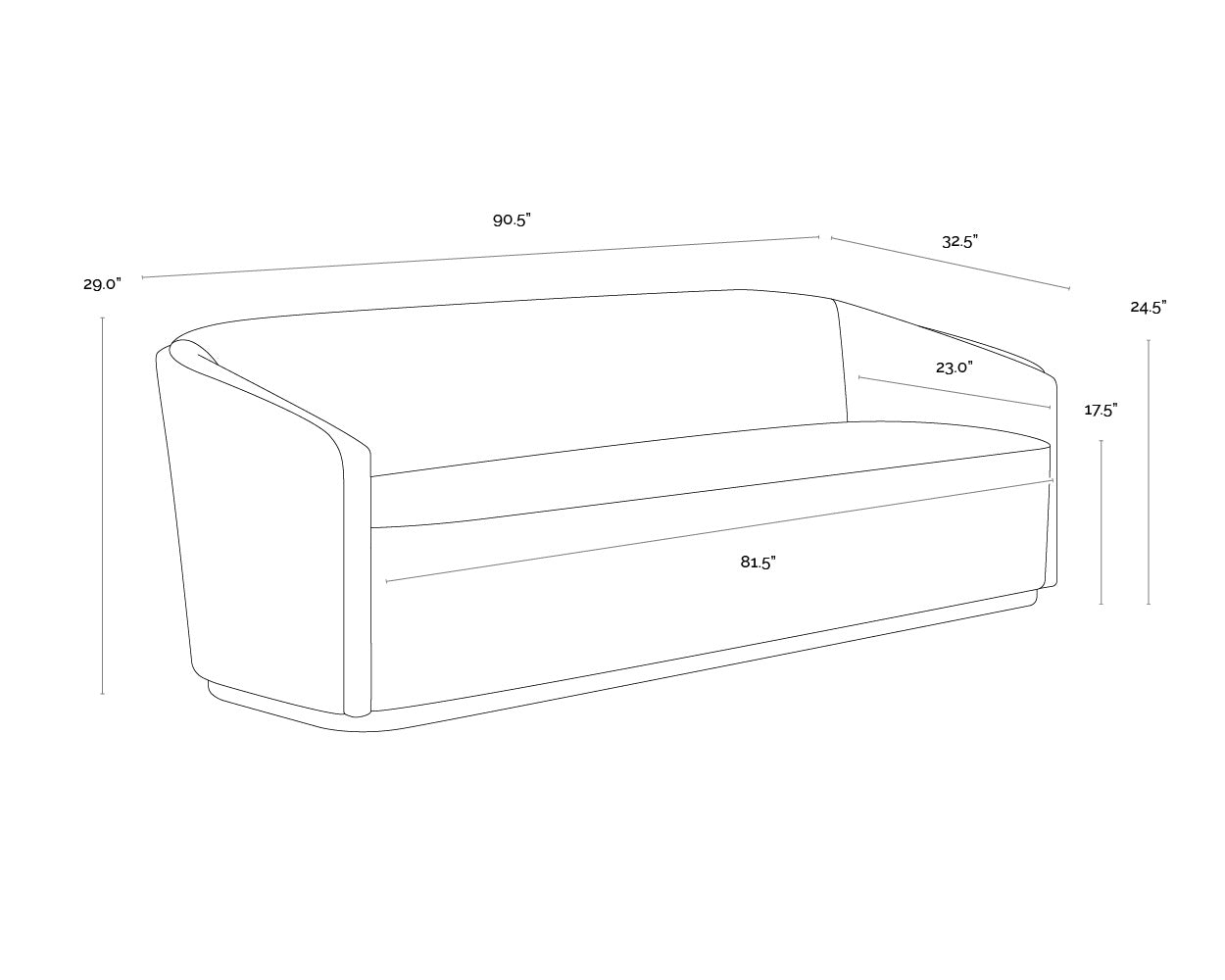A wireframe image of the product with dimensions shown