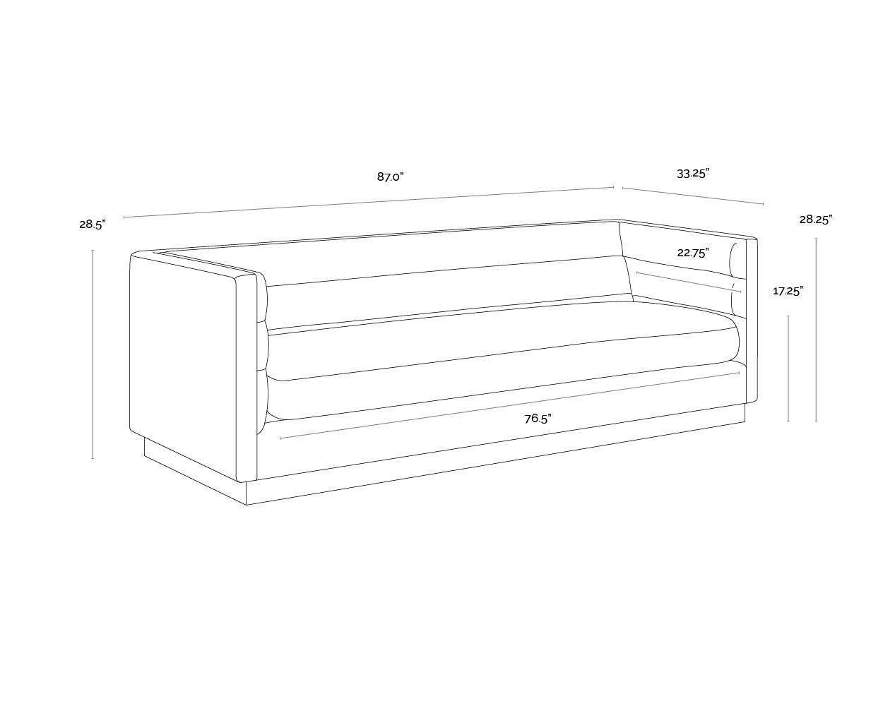 A wireframe image of the product with dimensions shown