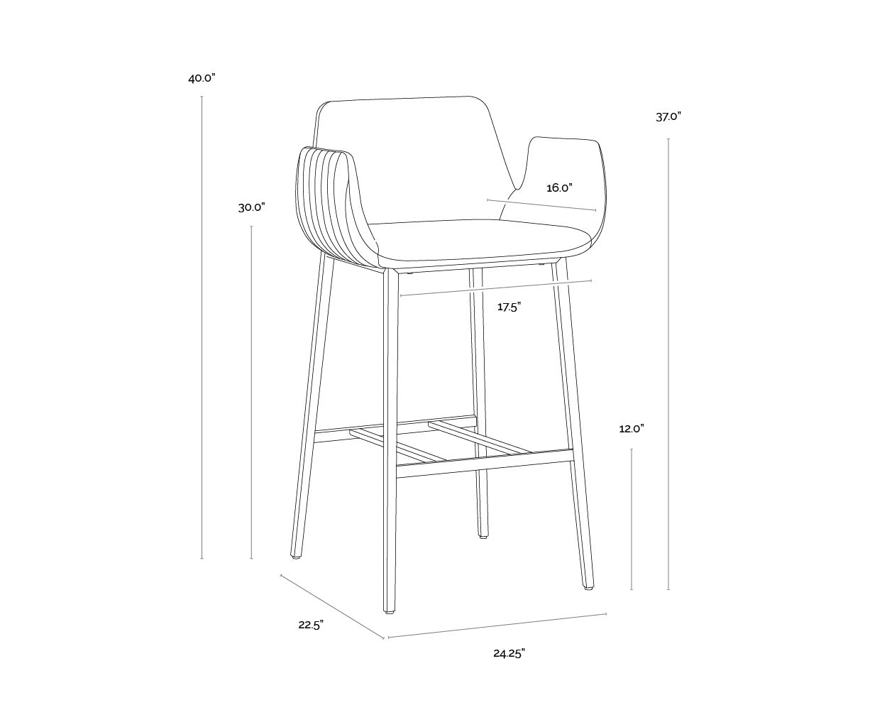 A wireframe image of the product with dimensions shown