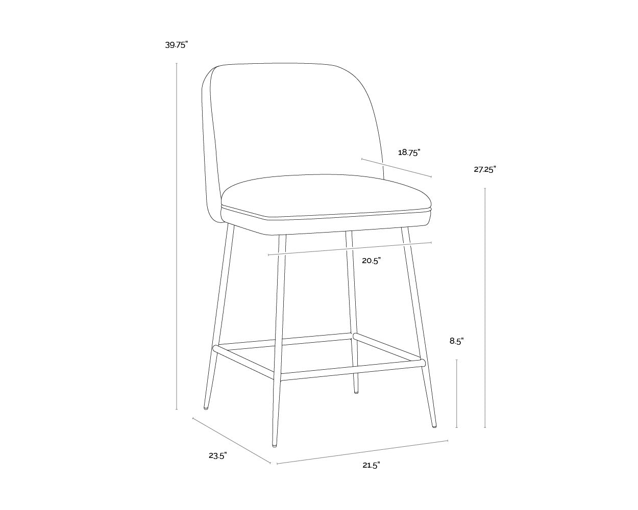 A wireframe image of the product with dimensions shown