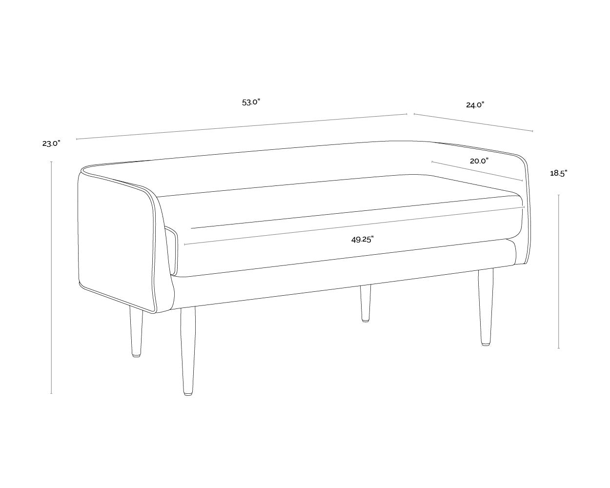 A wireframe image of the product with dimensions shown