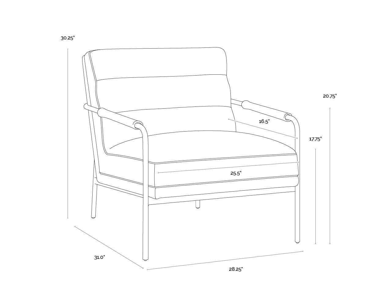 A wireframe image of the product with dimensions shown