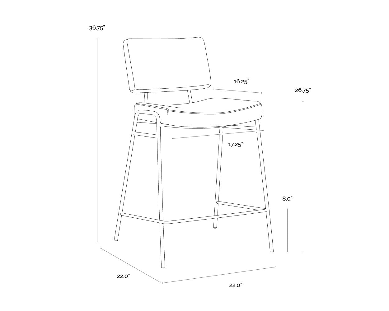 A wireframe image of the product with dimensions shown