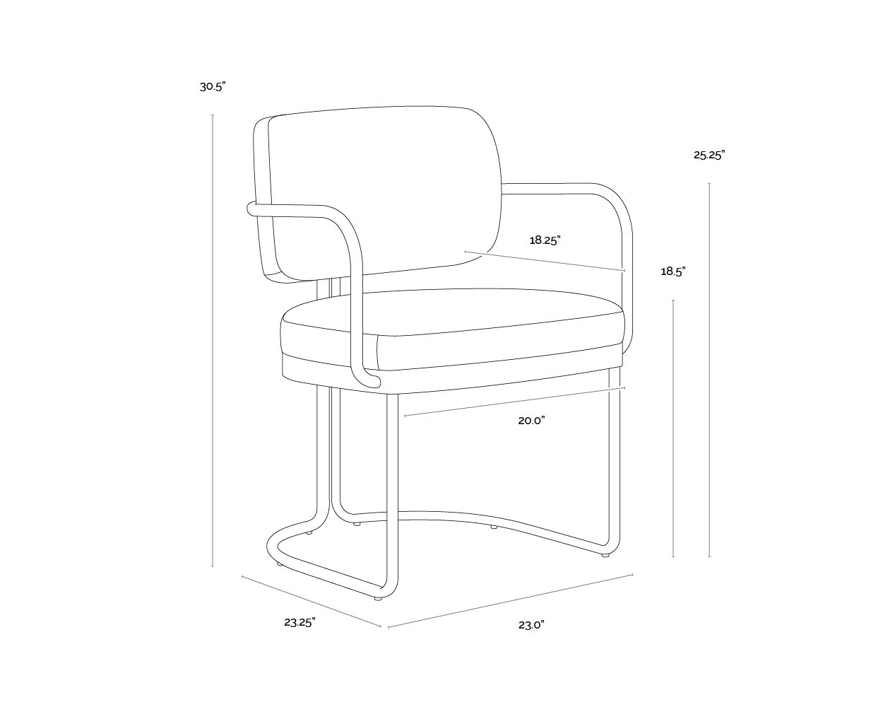 A wireframe image of the product with dimensions shown