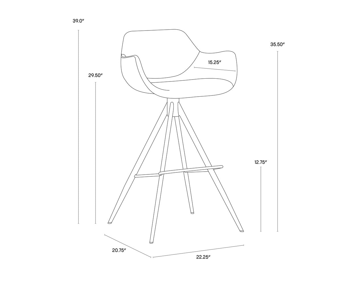 A wireframe image of the product with dimensions shown