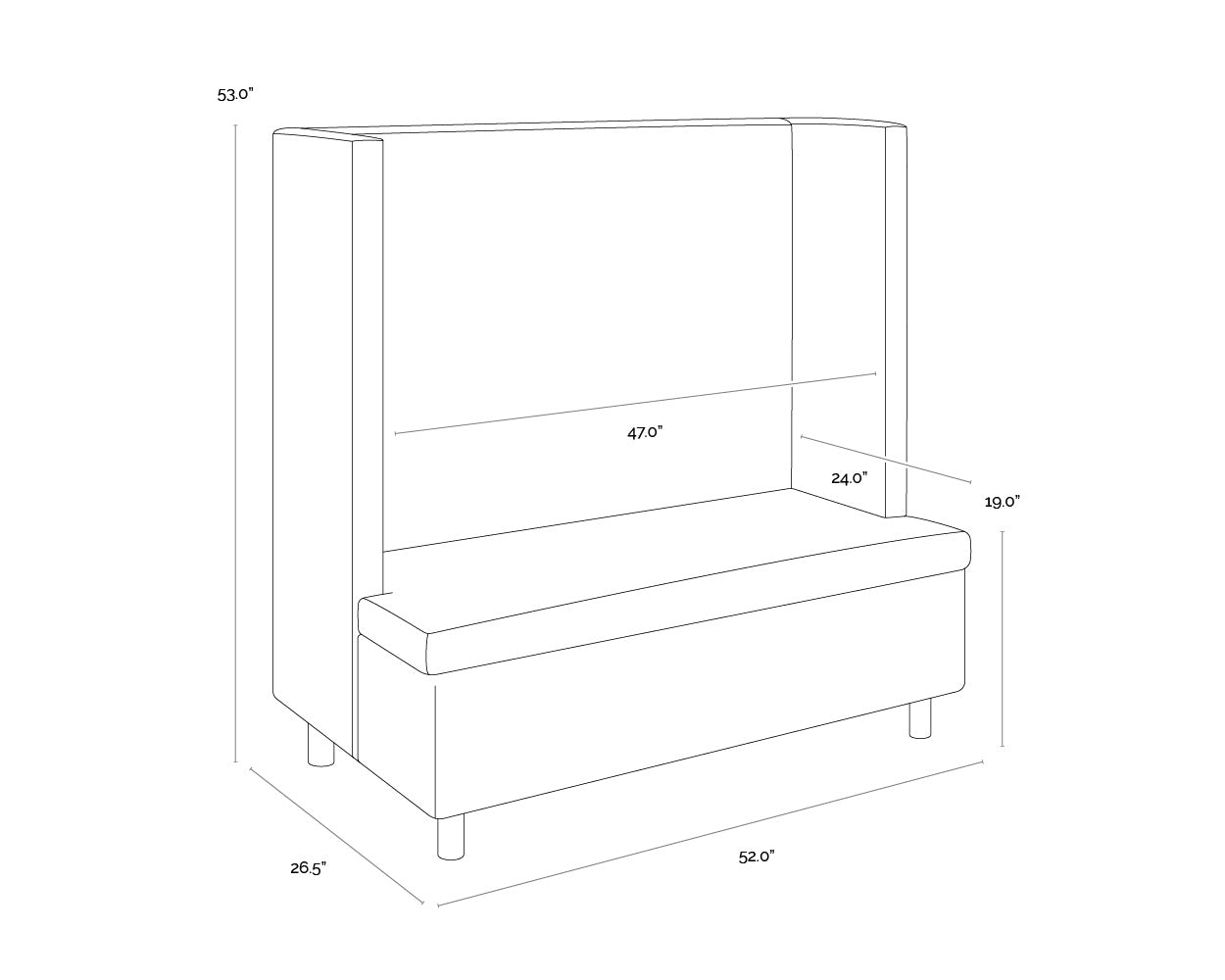 A wireframe image of the product with dimensions shown